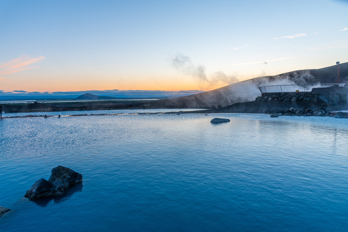 Mývatn Nature Bath in northern Iceland at sunset